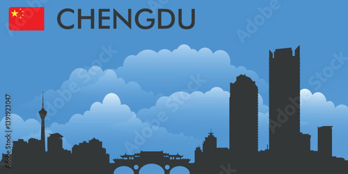 Black silhouette of the city of Chengdu, China on the background of blue sky and big blue clouds. Vector flag of the country and text with the name of the city