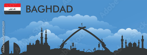 Black silhouette of the city of Baghdad on the background of blue sky and big blue clouds. Vector flag of the country and text with the name of the city