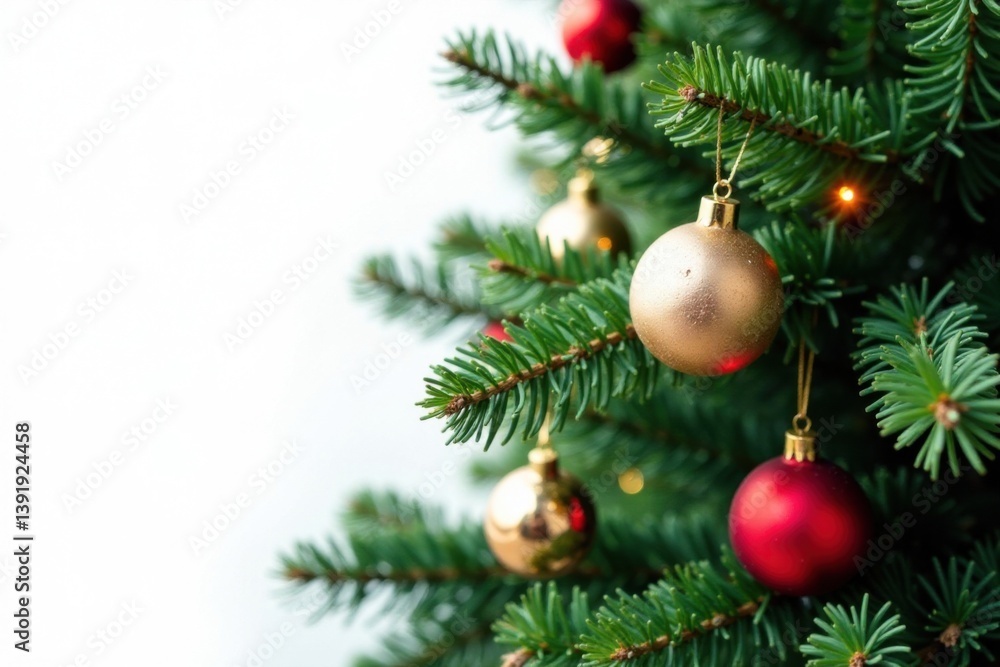 Evergreen tree branches with festive greenery and ornaments against white background , winter, foliage, decoration Evergreen tree branches with festive greenery and ornaments against white background , winter, foliage, decoration