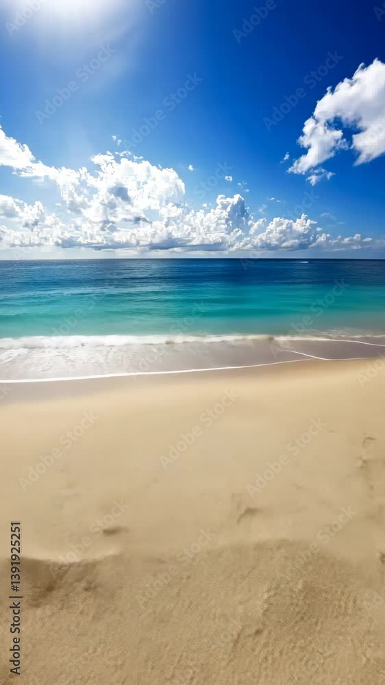 Golden sandy beach stretches under bright blue sky with scattered clouds near the tranquil ocean in a sunny coastal location Golden sandy beach stretches under bright blue sky with scattered clouds near the tranquil ocean in a sunny coastal location