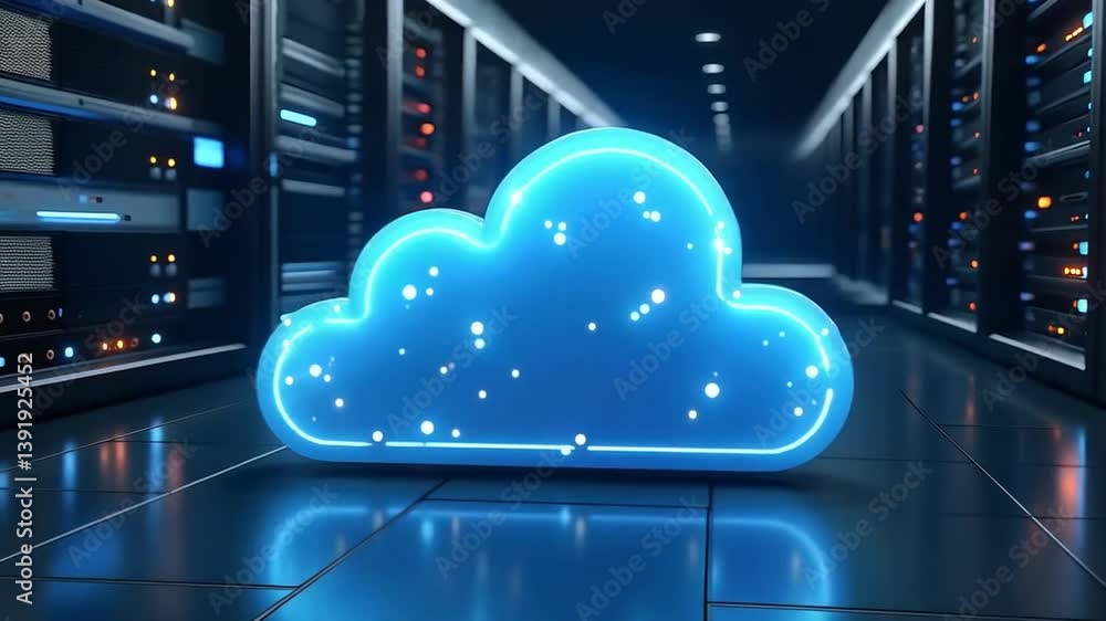 Cloud data servers, an illuminated cloud in a compute room