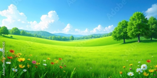 Green pasture dotted with wildflowers and trees stretching towards a clear blue sky, trees, pasture