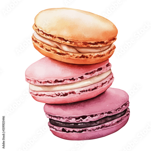 Macarons, watercolor illustration, isolated on a white background.

