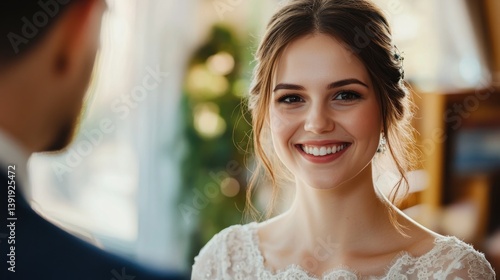 Free Download A radiant bride, a moment of joy captured in a close-up portrait. Her smile expresses pure happiness and anticipation for the wedding day. - GFXLoad