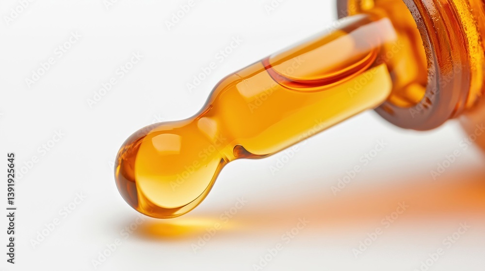 Fototapeta premium Close-up of a droplet of amber-colored liquid being poured from a brown glass bottle. the droplet is in the shape of a drop and is slightly tilted to the right.