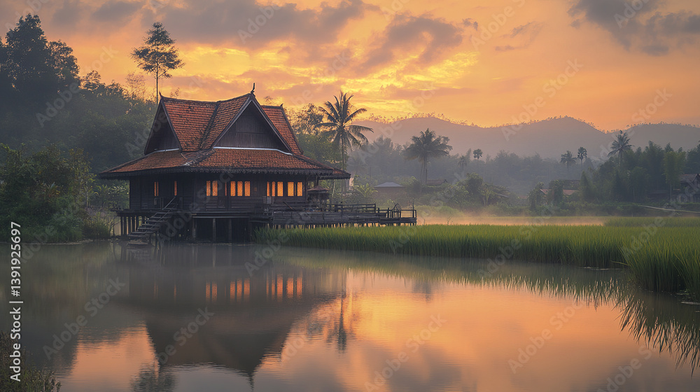 Fototapeta premium serene Thai countryside house by rice paddies at sunset
