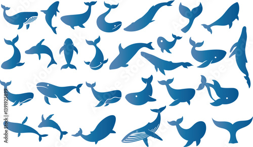 Whale silhouette set featuring various whale shapes, tails, and fins. ocean animal vector collection for marine life designs, aquatic themes, logos, and educational or creative projects
