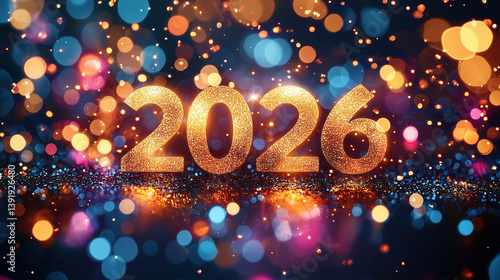 2026 Happy New Year greeting card, number 2026 made of glitter and golden glowing festive lights, blurred bokeh background