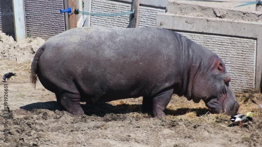 In slow motion, a hippopotamus eats food from the ground at the zoo, showing its massive jaws and calm presence in a peaceful environment. In slow motion, a hippopotamus eats food from the ground at the zoo, showing its massive jaws and calm presence in a peaceful environment.
