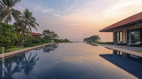 Modern resort villa with infinity pool at sunset, serene coastal view