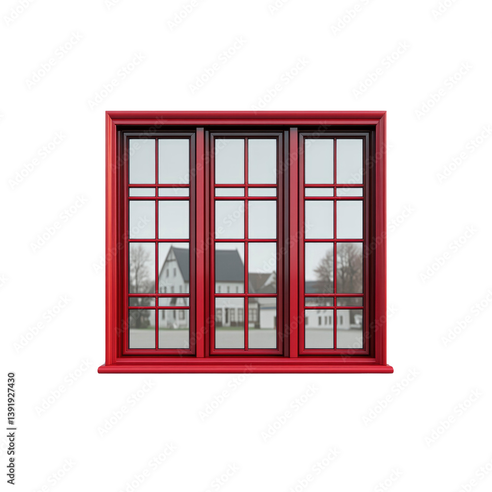 Obraz premium Red Window Frame with View of Houses