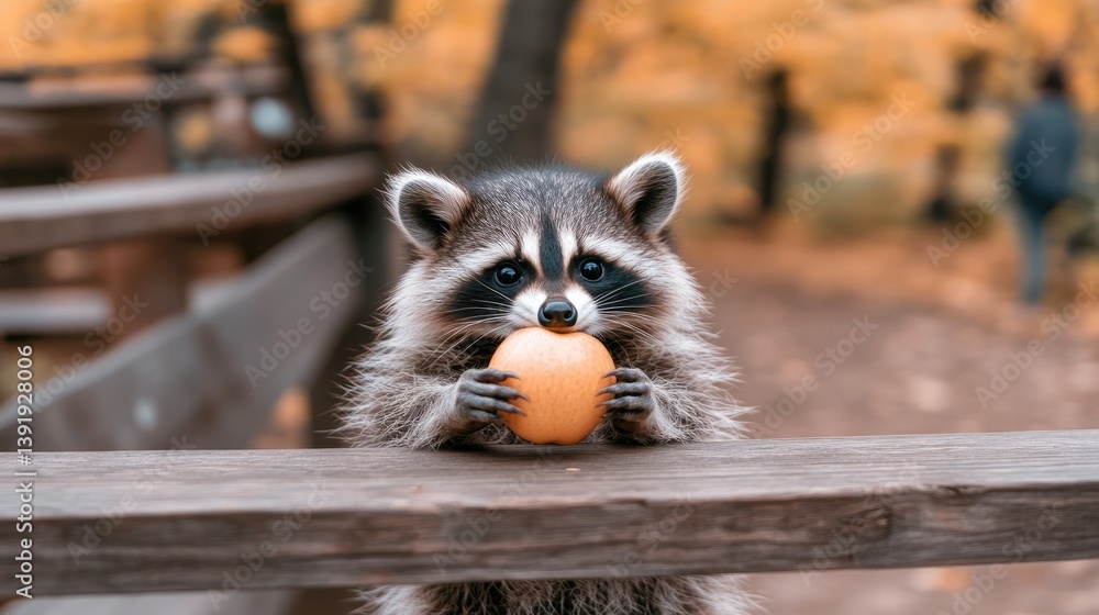 Fototapeta premium A cute raccoon with curious eyes munches on a juicy apple while resting on a wooden table in front of a cozy cabin