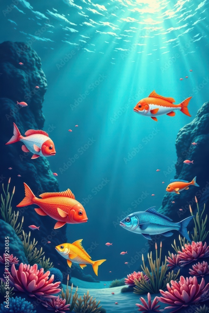 Fototapeta premium School of Fish with various seafood flat icons overlaid on ocean waves , flat design, marine life