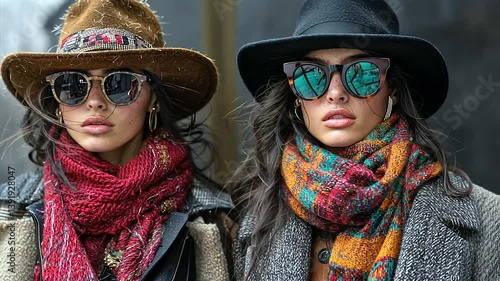 Two women in hats and sunglasses, wearing scarves and jackets