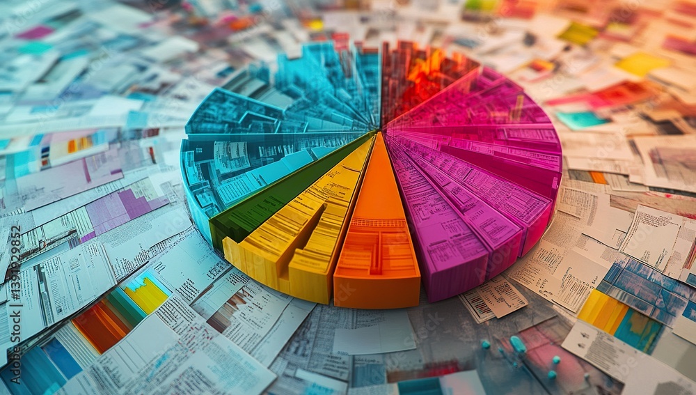 Fototapeta premium Colorful pie chart on abstract background with data points and graphs, depicting financial performance and market trends in business history, bright reds, yellows, blues for progress and success,