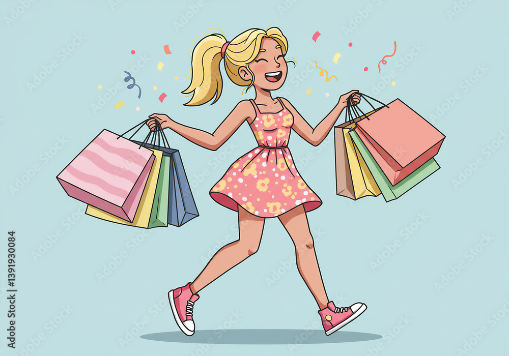 Joyful Woman with Shopping Bags Happy Shopping, Fashion, Retail Therapy Illustration. Joyful Woman with Shopping Bags Happy Shopping, Fashion, Retail Therapy Illustration.
