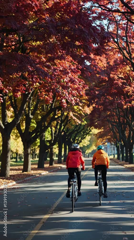 Video captures two cyclists from behind on a tree-lined road in autumn. The low angle highlights vibrant foliage and a serene outdoor setting. Video captures two cyclists from behind on a tree-lined road in autumn. The low angle highlights vibrant foliage and a serene outdoor setting.