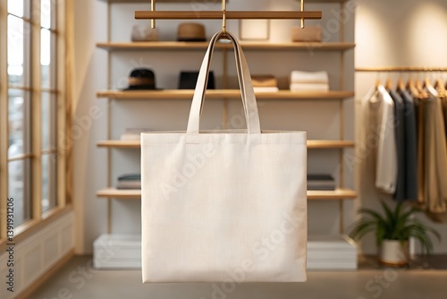 Elegant mockup of a blank beige tote bag hanging on display in a stylish store setting. Perfect for fashion branding or eco bag design.