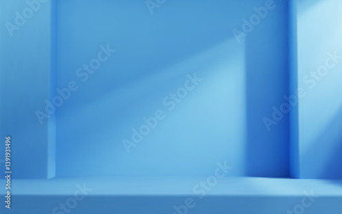 Blue room studio with table top and natural light. Product presentation template.