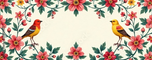 Whimsical Floral Damask Pattern with Birds , wildlife, damask