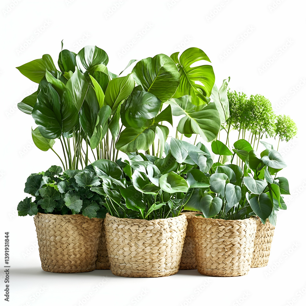 Naklejka premium Assorted houseplants in woven baskets