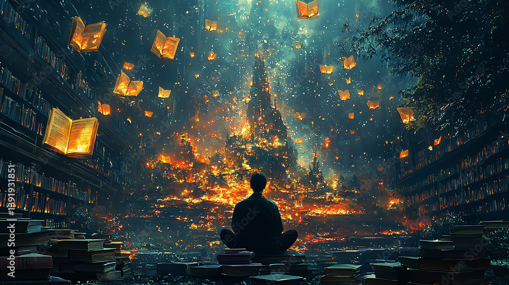 Library, meditation, burning city, fantasy Library, meditation, burning city, fantasy