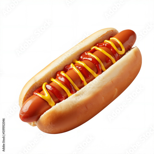 Sausages with mustard and ketchup, in fresh sausage bun, isolated on white background