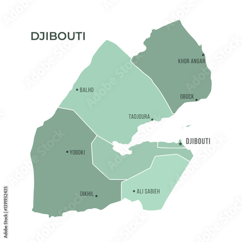 Map of DJIBOUTI with Regions Borders and Famous Cities