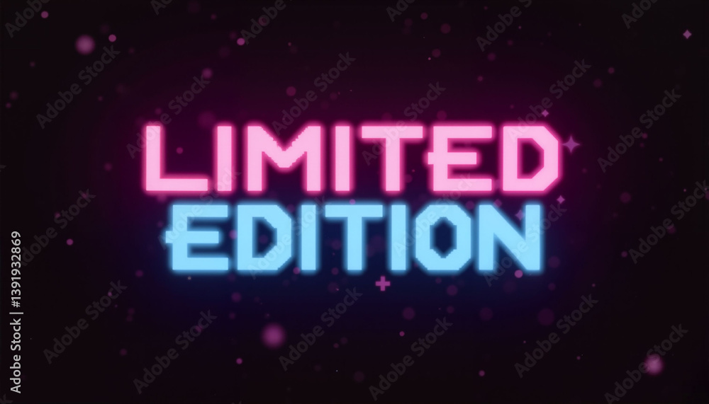 Obraz premium Retro arcade pixel text “LIMITED EDITION” glowing in space, nostalgia. Old style, 1980 style concept