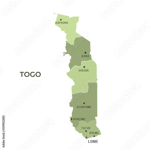 Map of TOGO with Regions Borders and Famous Cities
