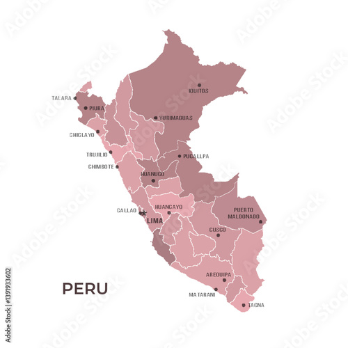 Map of Peru with Regions Borders and Famous Cities