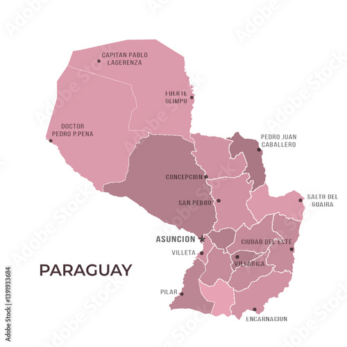 Map of PARAGUAY with Regions Borders and Famous Cities