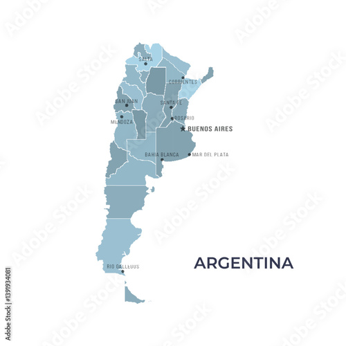 Map of ARGENTINA with Regions Borders and Famous Cities