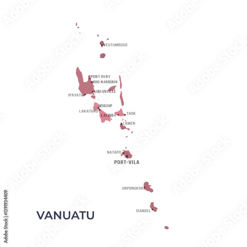 Map of VANUATU with Regions Borders and Famous Cities