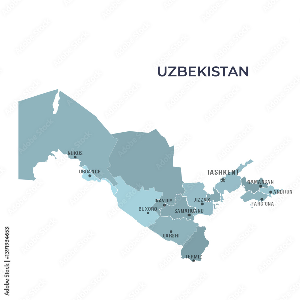 Fototapeta premium Map of UZBEKISTAN with Regions Borders and Famous Cities