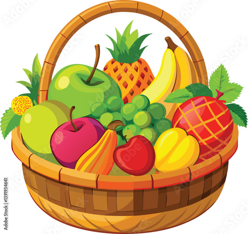 A realistic vector of a woven wicker basket filled with colorful fruits