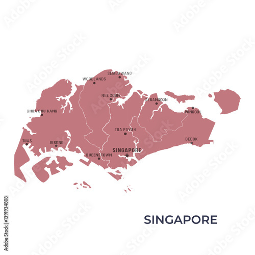 Map of SINGAPORE with Regions Borders and Famous Cities