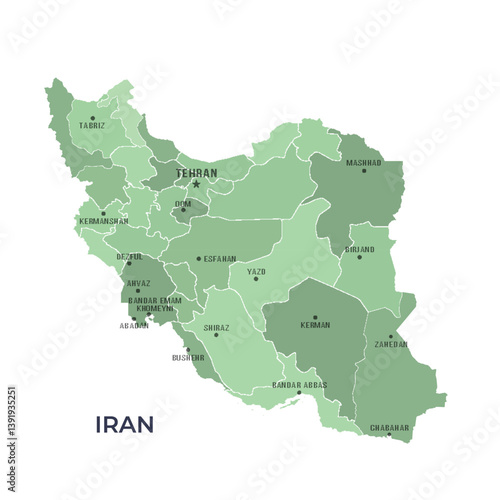 Map of IRAN with Regions Borders and Famous Cities