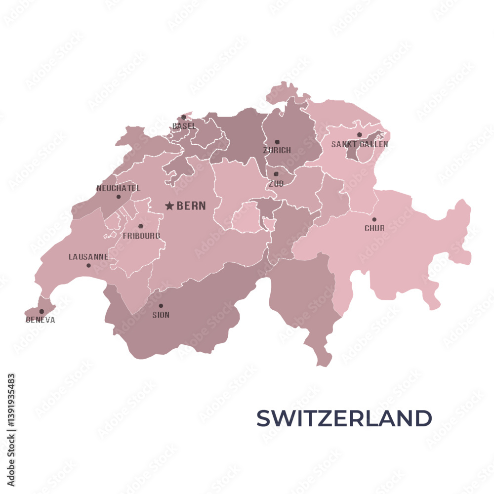 Obraz premium Map of SWITZERLAND with Regions Borders and Famous Cities