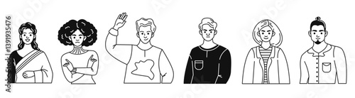 Vector set of portraits of people in doodle style. Young diverse people, men and women. Contour linear black and white graphics