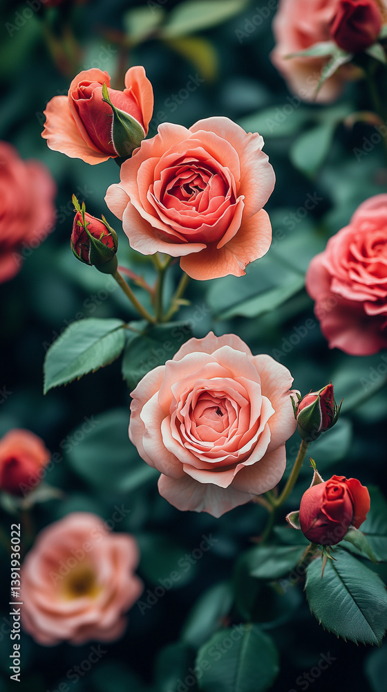 Fototapeta premium Beautiful close-up of blooming pink roses with delicate petals and green foliage in a garden
