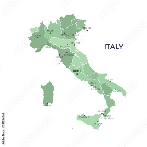 Map of ITALY with Regions Borders and Famous Cities