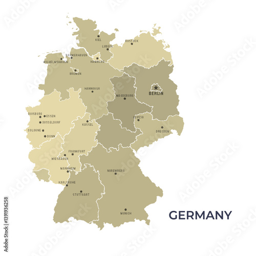Map of GERMANY with Regions Borders and Famous Cities