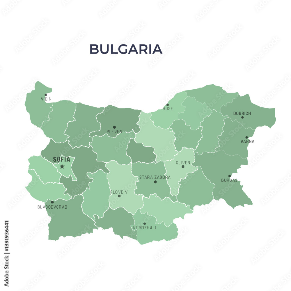 Obraz premium Map of BULGARIA with Regions Borders and Famous Cities