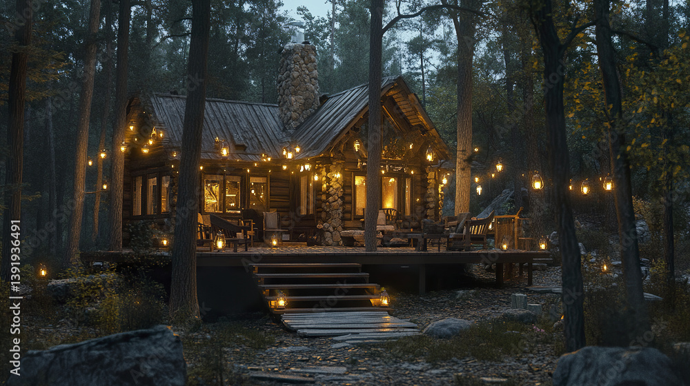 Fototapeta premium cozy forest lodge with glowing lanterns creates warm, inviting atmosphere