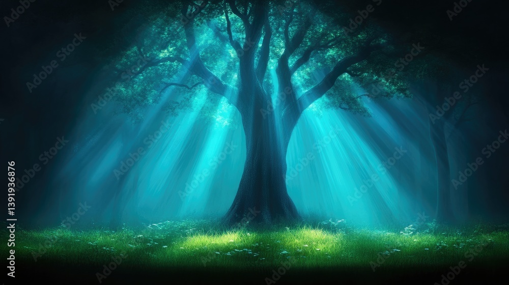 Obraz premium Mystical, glowing tree in a serene forest. Light illuminates the scene