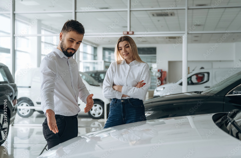 Showing the new product. Man and woman are in the car dealership Showing the new product. Man and woman are in the car dealership