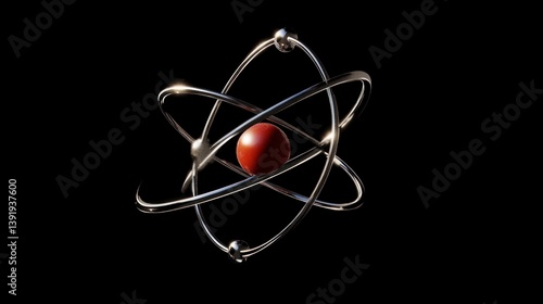 Wallpaper Mural 3D model of an atom with red nucleus and metallic orbitals on a black background. Torontodigital.ca