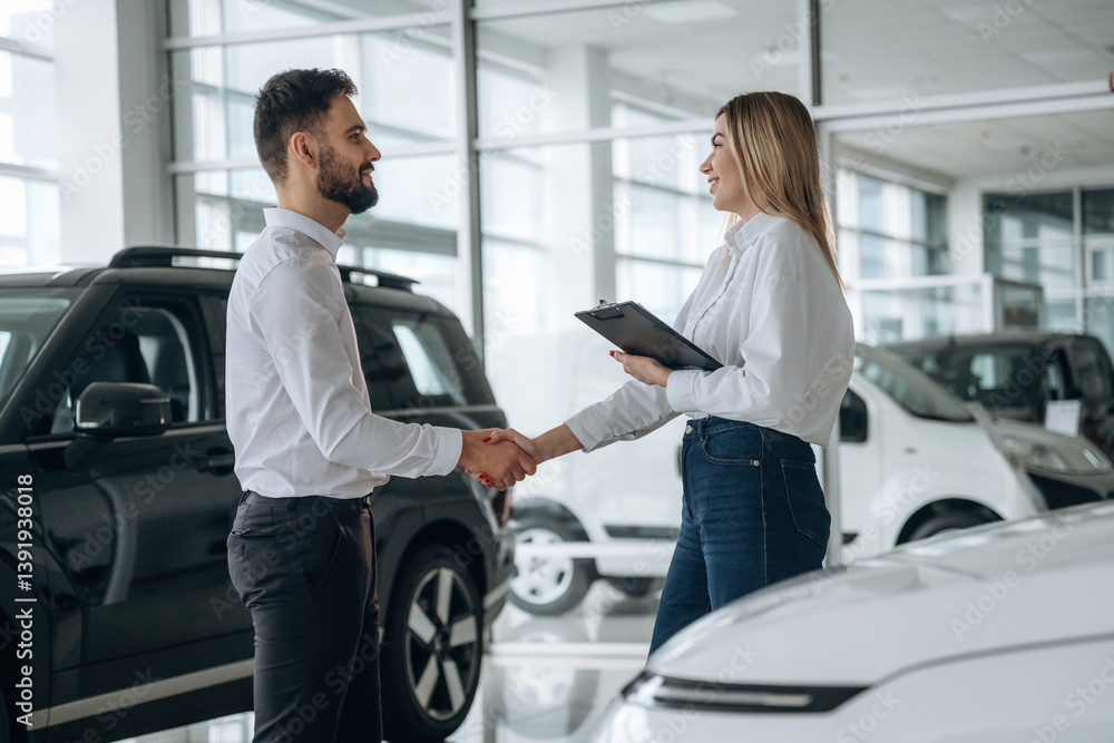 Handshake, good to meet you. Man and woman are in the car dealership Handshake, good to meet you. Man and woman are in the car dealership