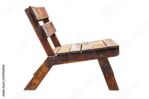 Rustic wooden chair handcrafted charm aged wood simple design minimalist aesthetic side view light isolated on transparent background